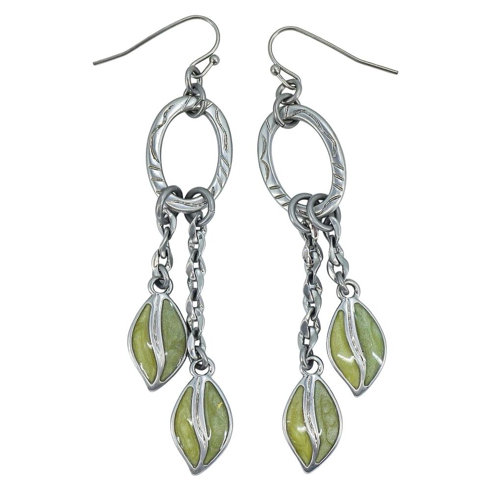 Lia Sophia Green Leaf Dangle Earrings Silver Tone Y2K Long 3” Statement Unsigned